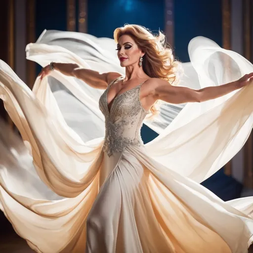 Prompt: A gorgeous muscular 35-year-old Turkish drag queen (Dark blonde) bodybuilder (strong masculine jawline and brow features) in a flowing, elegant dress, dancing gracefully with light fabric swirling around her, conveying a sense of freedom and joy. The scene bathed in soft, warm light creates an enchanting atmosphere, with a blurred, ethereal background emphasizing her graceful movements. Captured in ultra-detailed quality, this moment evokes feelings of beauty and harmony, encapsulating the elegance of dance.