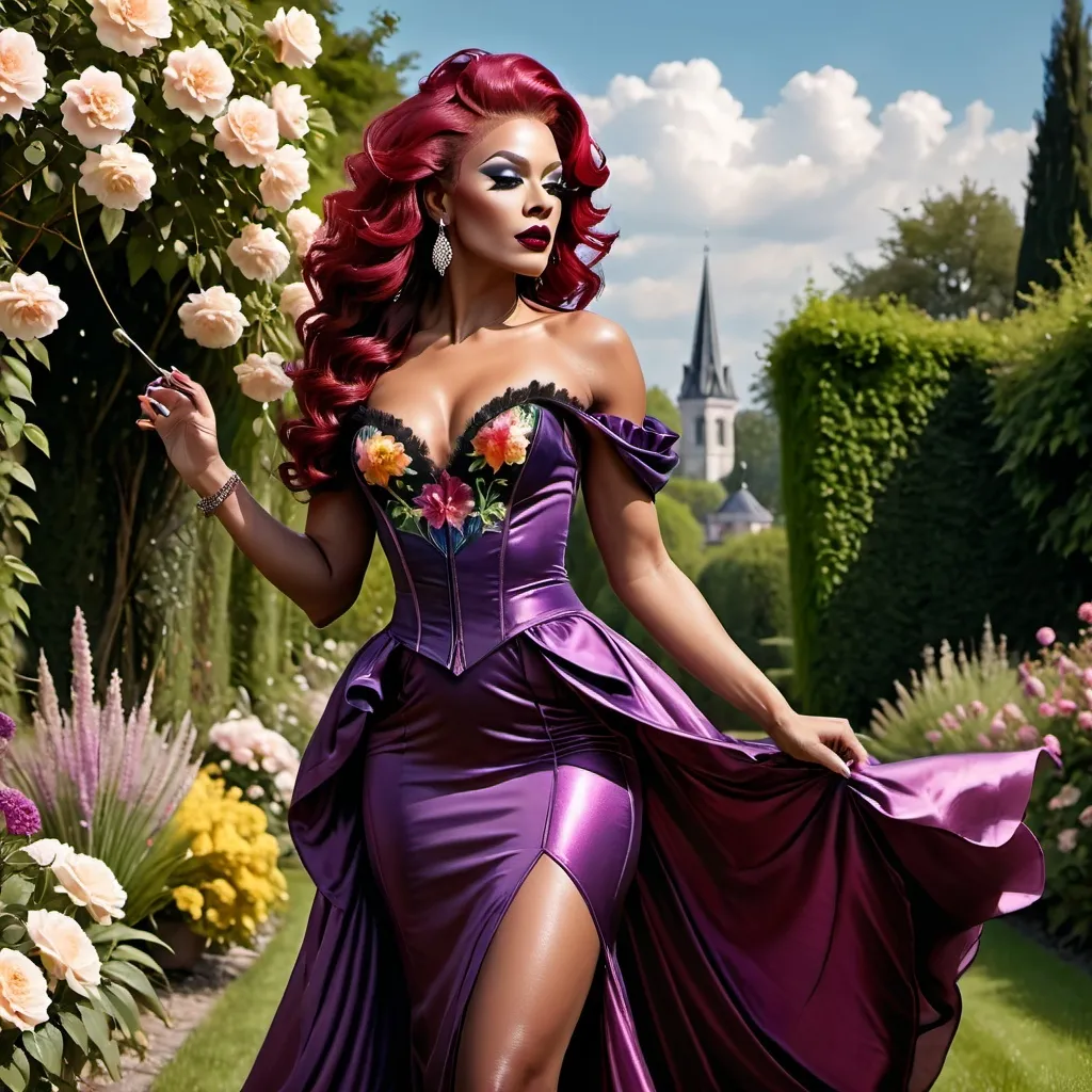 Prompt: Full body length lifelike photo (professional photography) of a gorgeous muscular 25-year-old German drag queen model posing on a warm sunny day (ultra-realistic); photoshooting set in a flowered garden (ultra-detailed background, detailed background, realistic background); ridiculously long flowing dark magenta hair (((blowing in the wind))), smoky eyeshadow, black eyeliner, dark red lipstick (ultra-detailed makeup, detailed makeup), (ultra-detailed face, square strong masculine jawline, detailed face, human face), prosperous and enhanced chest (ultra-detailed chest), enhanced figure (ultra-detailed figure, detailed figure, realistic body), delicate hands, with long nails, French manicure (realistic hands, ultra-detailed hands, realistic hands proportion, realistic thumbs, realistic fingers), ((balanced body proportions)); wearing a long vivid multicolored dress, with floral motifs (ultra-detailed outfit, detailed outfit, realistic outfit) 8 inch stiletto high heel shoes; romanticism photograph, beautiful fantasy painting, elegant cinematic fantasy photography, very beautiful fantasy photography, beautiful fantasy photography, photoreal elegant, fantasy portrait, gorgeous digital photography, elegant lady, retro vintage and romanticism, elegant drag queen, hyper-realistic 