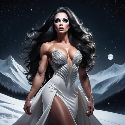 Prompt: Fantasy illustration of a gorgeous ultra-muscular 25-year-old Czechian drag queen bodybuilder royalty, long and sleek black hair, striking almond-shaped black eyes, flowing white dress, snowy moonlit landscape, highres, detailed, fantasy, majestic, moonlit, long hair, elegant dress, snowy landscape, detailed eyes, regal, atmospheric lighting