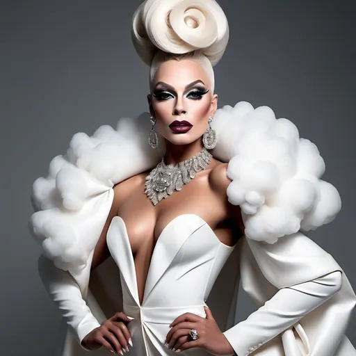 Prompt: A mesmerizing portrait graces the cover of an elite fashion magazine, capturing the essence of high-end sophistication. Set against a Cloud-white backdrop, the gorgeous, muscular, French drag queen (slight masculine jawline and brow features), model exudes confidence and allure, Large busom, adorned in exquisite fashion garments that epitomize elegance and class. This breathtaking image transcends traditional notions of style, embodying an innovative vision of haute couture that pushes the boundaries of modern aesthetics.