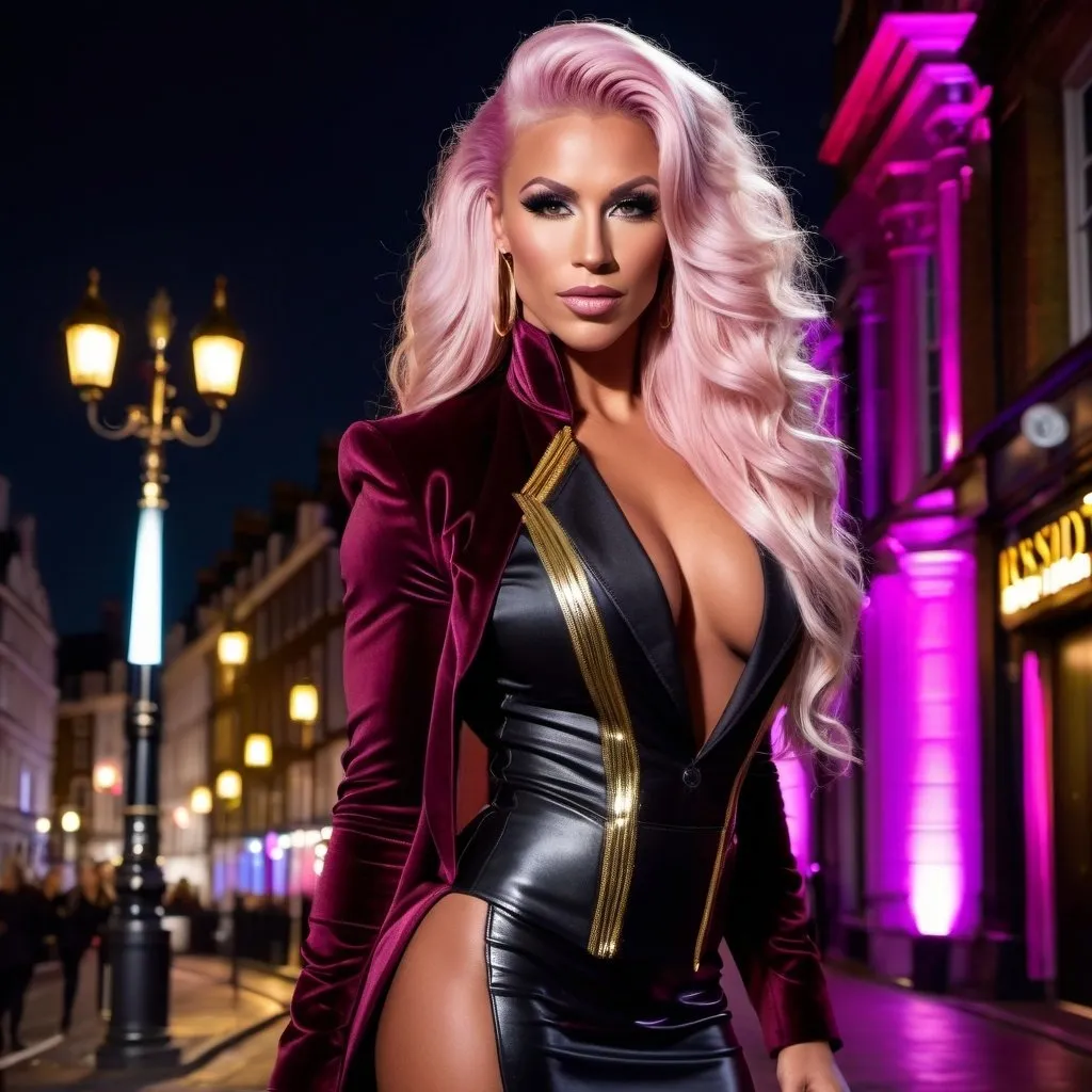 Prompt: Gorgeous ultra-muscular 25-year-old Swedish goddess bodybuilder with huge busom and ridiculously long styled platinum pink hair, wearing a maroon tailcoat with gold trim, black miniskirt, 8 inch stiletto high heel Prada boots, standing outside London, England nightclub at night, 8k photo, high detail, elegant, glamorous, nightlife, sophisticated, detailed makeup, wavy hair, luxurious attire, atmospheric lighting