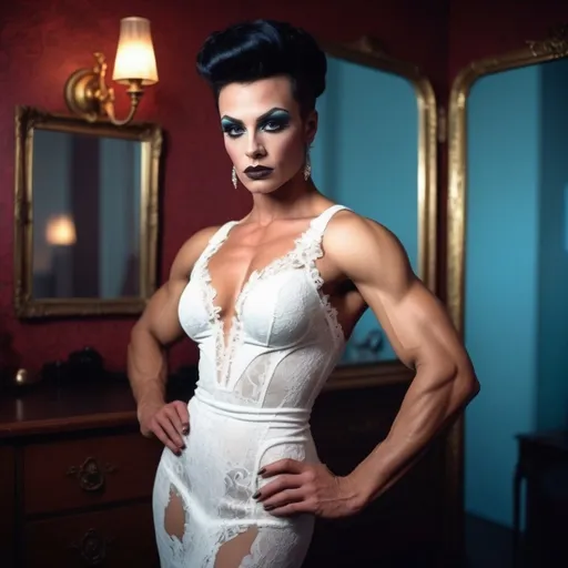 Prompt: Gorgeous muscular 25-year-old French drag queen (with masculine jawline and brow features) bodybuilder with large busom, and wearing a beautiful white, lace gown with illusionneckline. Dark eye makeup and dark lipstick.  Dark red, lighting blue eyes. photoshoot.
low light photography. realism. photorealistic.

Analog film photography still, grainy fujifilm film, anaglyph effect. 