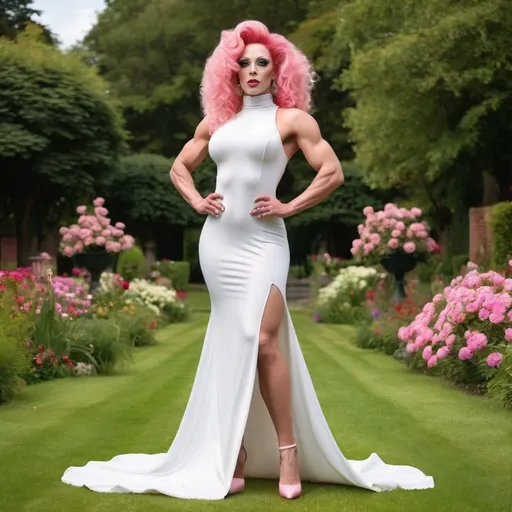 Prompt: a gorgeous 28-year-old Belgian drag queen bodybuilder in a long white Empire Dress with a high neck line and 8 inch high heel shoes, standing on the green grass, a beautiful expressive face, curly pink hair,  full-length, in an amazingly beautiful garden,  exactly beautiful photo  , highly photo, full-length photo, 64k hi-res digital realistic photography.