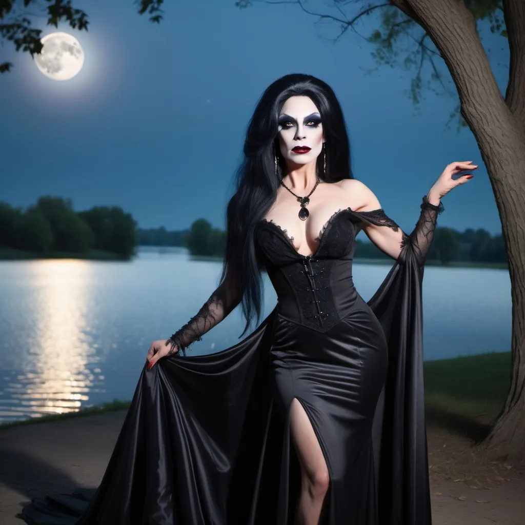 Prompt: Gorgeous muscular Gothic drag queen vampire with long silver and black hair, wearing a long black dress with a train. She is posing attractively by a tree by the lake. On an evening with a big blue moon in the sky