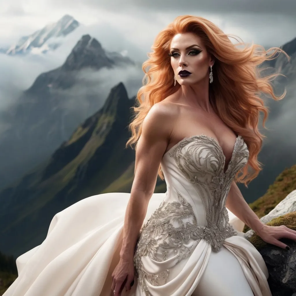 Prompt: (A thre quarter body image) a very masculine, yet gorgeous muscular 35-year-old French drag queen bodybuilder (big busom, dark eyeshadow, dark lipstick, long flowing strawberry-blonde hair) wearing an ivory wedding gown on the top of an high mountain. surreal  with mist
Dreamy, mythical, fairyland-like, soft and romantic
Splash art, hyper detailed, ultra realistic, highly detailed. Perfect studio lighting, perfect shading, impeccable contrast, HDR, UHD, high res, 64k