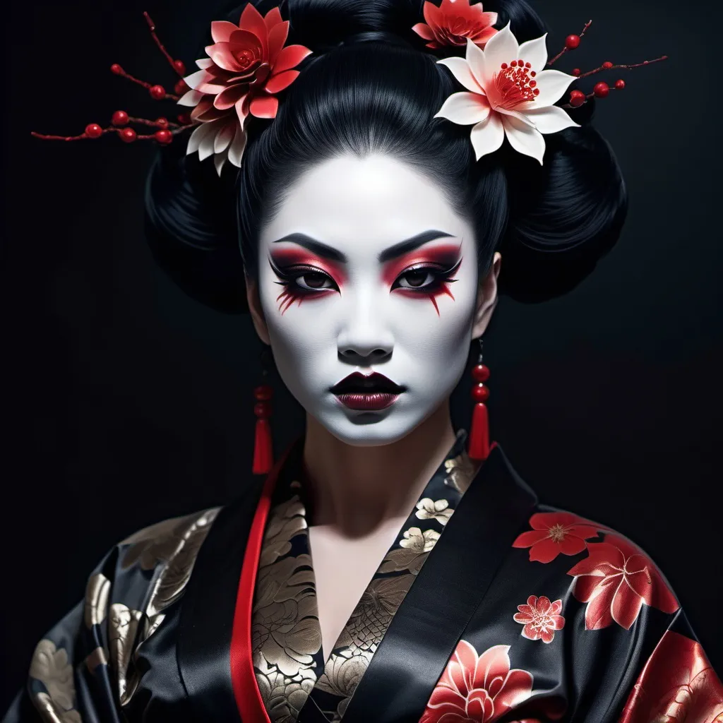 Prompt: (Gorgeous, muscular, goth,  geisha, drag queen bodybuilder), intricate dark makeup, traditional kimono with dark floral patterns, incredible detailing on clothes, perfect make-up, sharp fangs over blood red lips.  contrasting with lace elements, haunting ambiance, shadows reflecting cold moonlight, mysterious surgical precision in fabric details, mystical aura exuding sensuality, lush dark red and black tones, (ultra-detailed), (4K), dark, terrifying yet enchanting and chilling atmosphere in a Japanese grave yard, courtly surroundings filled with ethereal allure.