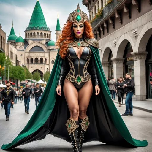 Prompt:  a mid range full body image of a Gorgeous muscular 25-year-old Turkish drag queen bodybuilder in the bustling city center wearing black leather armor with intricate ornate metal details studded with emerald gems and a bronze circlet with a large gem on her head, long black billowing cape curvy, powerful, braided flowing ginger hair, Aramenta Dianthe Vail, fantasy art, epic fantasy, computer graphics, high heels, corset, long loincloth with intricate details, stockings, magically glowing eyes, magical, night time