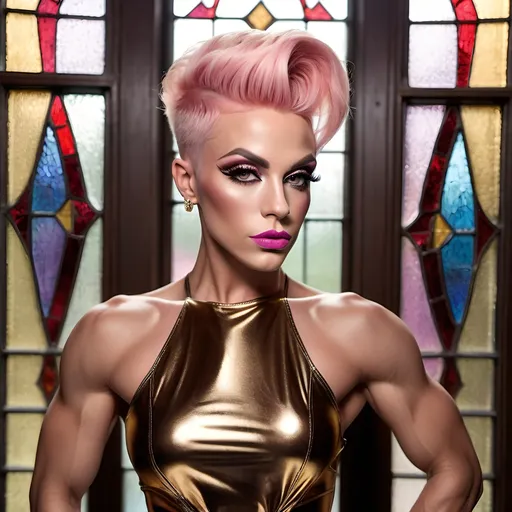 Prompt: Gorgeous ultra-muscular 25-year-old Norwegian drag queen bodybuilder with very masculine jawline and brow, and short stylish pink hair wearing a golden short wrap-dress, dark eye shadow, dark lipstick, and 8 inch stiletto high heel shoes, posing for a picture in a room with a stained glass window and an elegant curtain behind her, Evelyn Abelson, photorealism, ultra realistic digital art, a photorealistic painting