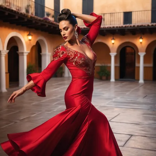 Prompt: (A close-up image)In the warmth of a twilight evening, a gorgeous muscular 35-year-old Spanish drag queen bodybuilder dancer (masculine jawline and brow facial features (hyper intricate facial detail)) dressed in a striking red flamenco gown whirls gracefully in a quaint courtyard setting. Her flowing dress swirls with every intense step and turn, capturing the essence of traditional Spanish dance. The rustic charm of the courtyard complements her fiery performance, with soft lighting casting golden hues that accentuate the dynamic movements of her dance. This compelling scene brings together the beauty of cultural expression and the timeless elegance of flamenco.
Hyper dynamic movement effect art
Splash art, hyper detailed, ultra realistic, highly detailed. Perfect studio lighting, perfect shading, impeccable contrast, HDR, UHD, high res, 64k
