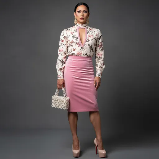 Prompt: This photograph features a muscular, 35-year-old Filipino drag queen standing against a muted, textured gray background. She is dressed in an elegant, long-sleeved, high-neck blouse with a V-neckline adorned with pink beading. The blouse is cream-colored with a delicate floral pattern featuring birds and butterflies in shades of black, brown, and pink. The blouse is paired with a high-waisted, form-fitting, pink velvet pencil skirt that reaches just below the knees. The velvet skirt has a smooth, slightly shiny texture, and its pink color contrasts beautifully with the blouse. The woman's left hand holds a small, rectangular, white beaded handbag with a textured, almost chain-like pattern. She is wearing 7 inch Christian Louboutin stiletto high heel shoes, and large, gold, dangling earrings that add a touch of glamour to her outfit. She has a poised, confident stance with her legs slightly apart. The overall style is sophisticated and chic, with a blend of soft, romantic, and modern elements. The photograph has a soft, natural lighting that highlights the textures and colors of the outfit, creating a balanced and harmonious visual effect.