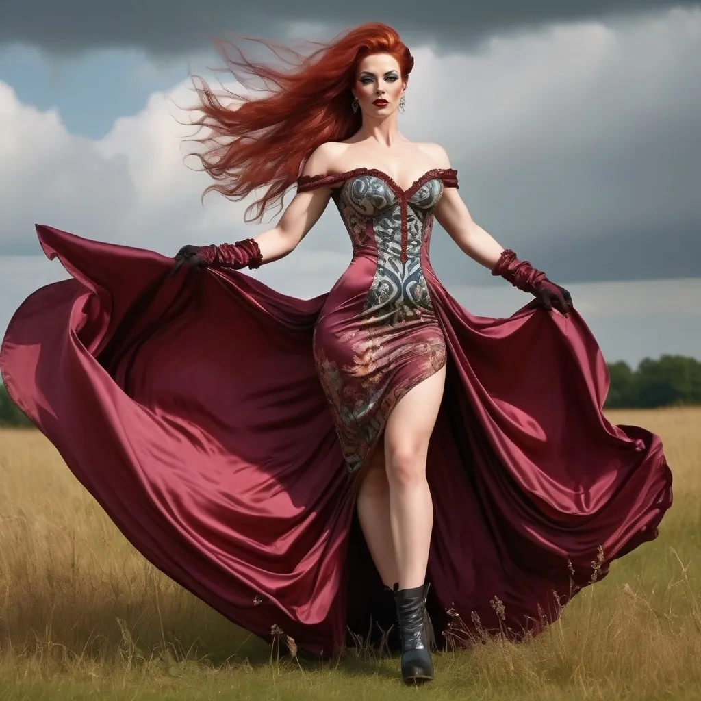 Prompt: full  body realistic, gorgeous muscular 25-year-old British drag queen bodybuilder with dark red hair wearing beautiful satin silk dress, flowing in the wind, Victorian, medieval fantasy intricate patterns, gloves, high heels, intricate boots glossy, detailed design, summer day, in a meadow, breeze in her hair, high quality, detailed, Victorian style, intricate patterns, beautiful  face, glossy finish, flowing fabric, summer breeze, detailed design, elegant, atmospheric lighting