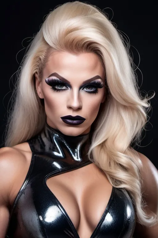 Prompt: Glamour photography of Gorgeous ultra-muscular 25-year-old Polish drag queen bodybuilder in the style of barbarella, dark eye makeup, dark lipstick, high definition photography