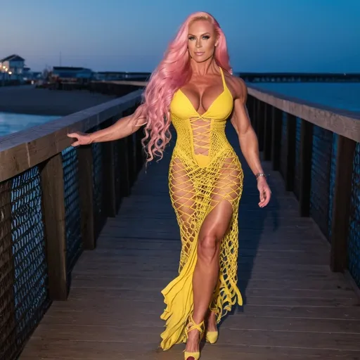 Prompt: Gorgeous ultra-muscular 25-year-old Finnish goddess bodybuilder with huge busom and ridiculously long wavy pink hair wearing a beautiful yellow macrame dress and 8 inch stiletto high heel shoes walking on the boardwalk at dusk.