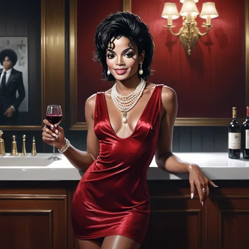 Prompt: 4k , high resolution , detailed , digital painting , dark colors , wooden wall , 
Michael Jackson dressed up as a woman standing in modeling pose  and she is holding a glass of red wine  , Bordeaux party dress revealing legs   ,black skin color , short pixie  hair , earrings , pearl necklace  , she is looking at the viewer with slight  smile , , good composition (center)