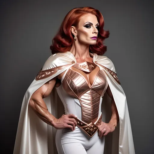 Prompt: Gorgeous muscular 35-year-old Polish drag queen bodybuilder (with strong masculine jawline and brow) with crimson-auburn hair, wearing a regal tunic, ivory white, with armor sewn into the fabric. Cascading cape, draping from the shoulder lapel. Cottage core aesthetic. Delicate rose gold detailing.