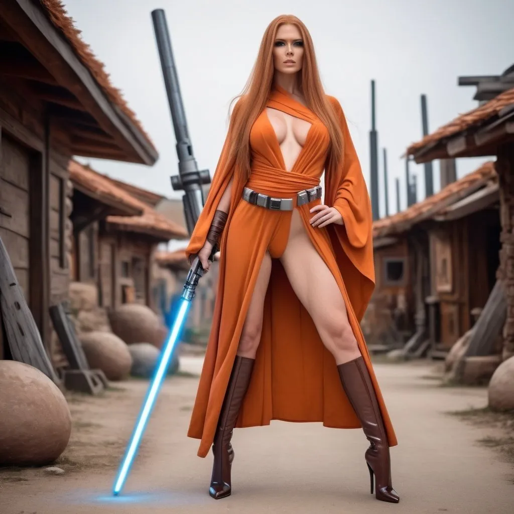 Prompt: Gorgeous ultra-muscular 25-year-old Finnish goddess with huge busom and ridiculously long flowing burnt orange hair wearing Jedi robes with a light saber and 8 inch stiletto high heel shoes posing in a futuristic village in the Star Wars universe. 