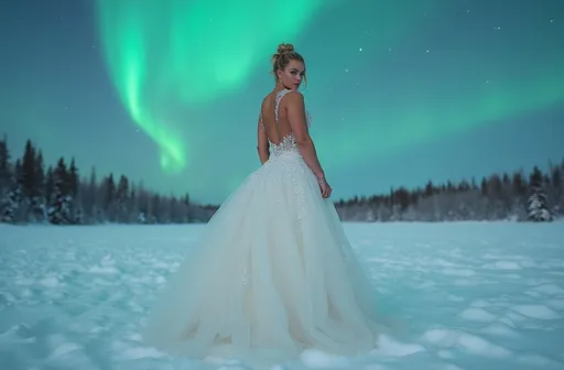 Prompt: (A 3/4 body image)A 25-year-old muscular, beautiful Nordic drag queen bodybuilder wearing A beautiful winter bridal gown designed for cold weather. Taking a bridal photoshoot in the snowy Arctic with the Northern Lights in the background.