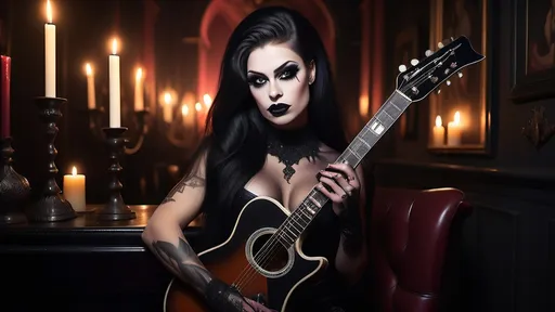 Prompt: Imagine a gorgeous muscular 25-year-old Latvian drag queen playing a guitar by candlelight, dark eye makeup, dark lipstick, long black shiny hair, 8 inch stiletto high heel thigh-high boots, Anne Stokes, gothic art, adobe photoshop, computer graphics