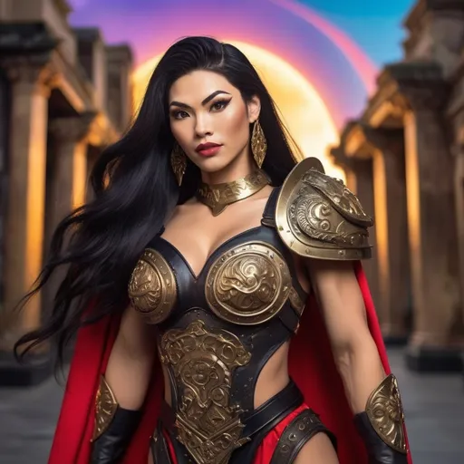 Prompt: "Imagine a reimagined Vietnamese Asian drag queen bodybuilder version of Xena (strong masculine jawline and brow facial features) inspired by Pixar's art style. She is a heroic and strong figure with an muscular yet elegant build, very long wavy black hair, and a radiant smile that reflects both strength and kindness. She wears a modernized version of Greek armor, featuring intricate gold and bronze details, paired with a flowing cape. Her pose is dynamic, holding a glowing sword in one hand exuding confidence and determination. The background showcases a vibrant and mythological world filled with ancient ruins and a breathtaking celestial display of all the planets aligning in a radiant golden sky. The scene captures her as a symbol of power, resilience, and grace, standing as a hero in a cosmic and legendary moment."