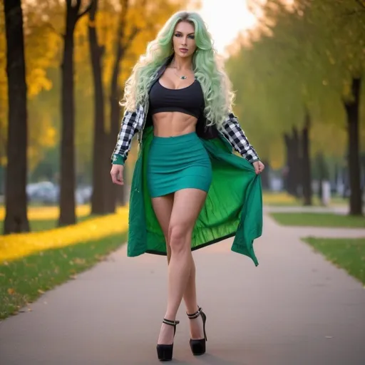 Prompt: A tall gorgeous ultra-muscular 25 years old Russian Goddess bodybuilder with huge busom and extremely long wavy green hair, cute crop top with jacket and trendy checked very skimpy skirt, 8 inch stiletto high heel shoes, walking through the park at sunset.