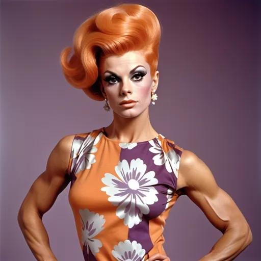 Prompt: Mod casual top, 1966, fashionable for gorgeous ultra-muscular 25-year-old Czechian drag queen bodybuilder, short silver and pink swept over stylish hair, sassy, iconic, modest, timeless, boho chic, floral, bright, orange, aubergine