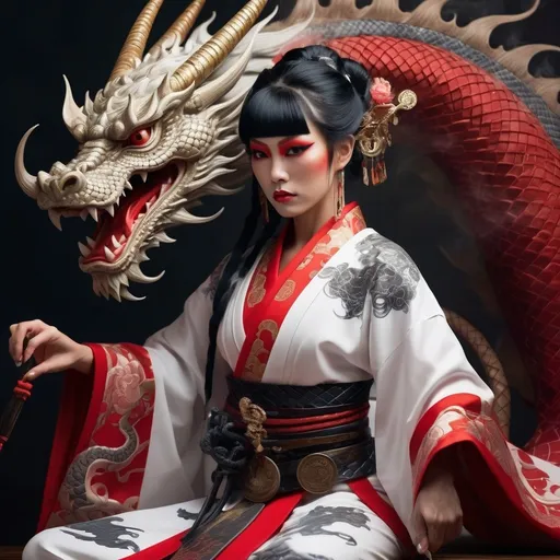Prompt: A breathtaking fantasy scene featuring a strong and graceful 35-year-old muscular drag queen samurai warrior seated confidently. She wears an intricately designed white robe with vibrant red accents, adorned with ceremonial accessories and intricate patterns. Her intense gaze is framed by braided hair beneath a wide straw hat. A majestic and powerful black dragon coils protectively behind her, its scales shimmering amidst swirling ethereal smoke. The dynamic background is filled with vibrant magical particles and mist, creating a mystical atmosphere. Soft, cinematic lighting highlights the textures of her attire and the dragon’s imposing form, inspired by Japanese folklore and fantasy art.
