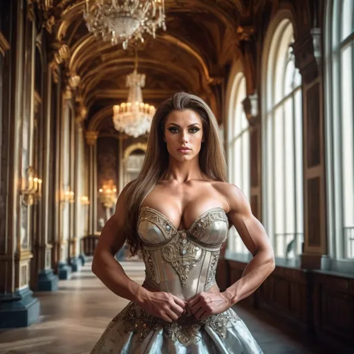 Prompt: Generate a photorealistic image of a Gorgeous ultra-muscular 25-year-old Czechian drag queen bodybuilder standing in a grand castle. Use soft lighting (f/1.8, ISO 200) to highlight her grace and elegance. The woman is adorned in a sumptuous gown, her eyes sparkling with intelligence and charm. Behind her, the castle's intricate architecture and rich history unfold, adding depth and grandeur to the scene.
