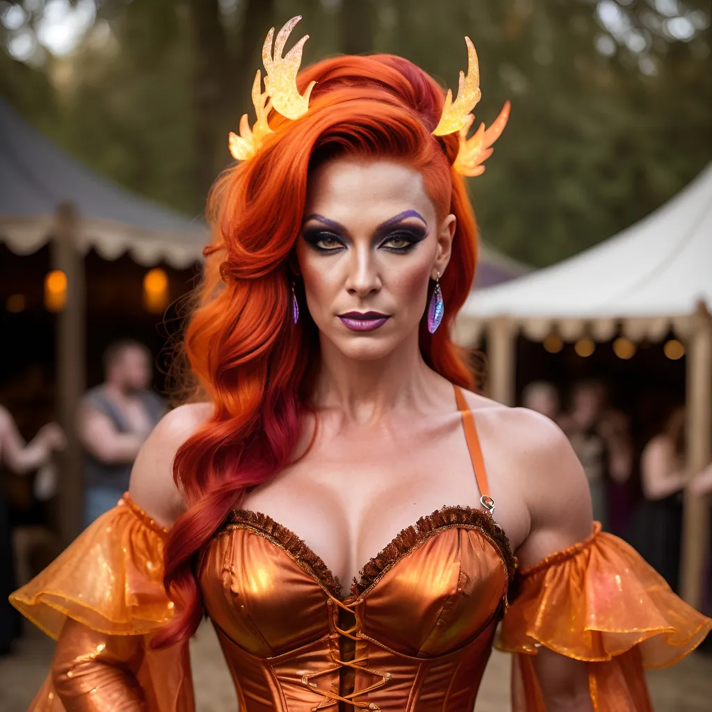 Prompt: Gorgeous muscular 35-year-old British drag queen (strong masculine  jawline and brow features) with burnt orange hair wearing a fire fairy Renaissance fair outfit, gauzy and iridescent fabric, iridescent billowing layered gypsy dress and cinched corset, flowy sleeves, shiny translucent iridescent red orange yellow
