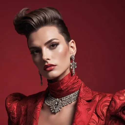 Prompt: A mesmerizing portrait graces the cover of an elite fashion magazine, capturing the essence of high-end sophistication. Set against a sunset-red backdrop, the gorgeous, muscular, Hungarian drag queen (slight masculine jawline and brow features), model exudes confidence and allure, adorned in exquisite fashion garments that epitomize elegance and class. This breathtaking image transcends traditional notions of style, embodying an innovative vision of haute couture that pushes the boundaries of modern aesthetics.