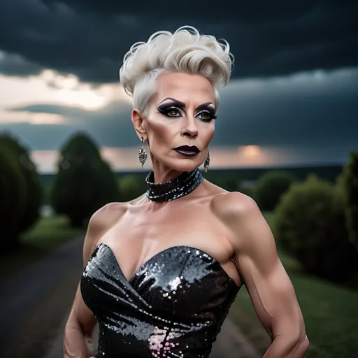 Prompt: Gorgeous muscular 45-year-old Czechian drag queen with short white tight updo hair, dark eyeshadow and dark lipstick, long flowing sequined gown, romantic outdoor setting, dramatic sky, An ultra-realistic photograph captured with a Sony α7 III camera, equipped with an 85mm lens at F 1.2 aperture setting,  The image, shot in high resolution and a 16:9 aspect ratio, captures the subject’s natural beauty and personality with stunning realism –ar 16:9 –v 5.2 –style raw