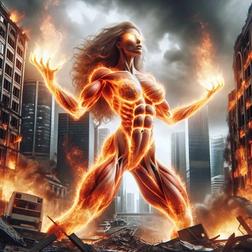 Prompt: Gorgeous ultra-muscular 25-year-old goddess fire entity destroying a city.