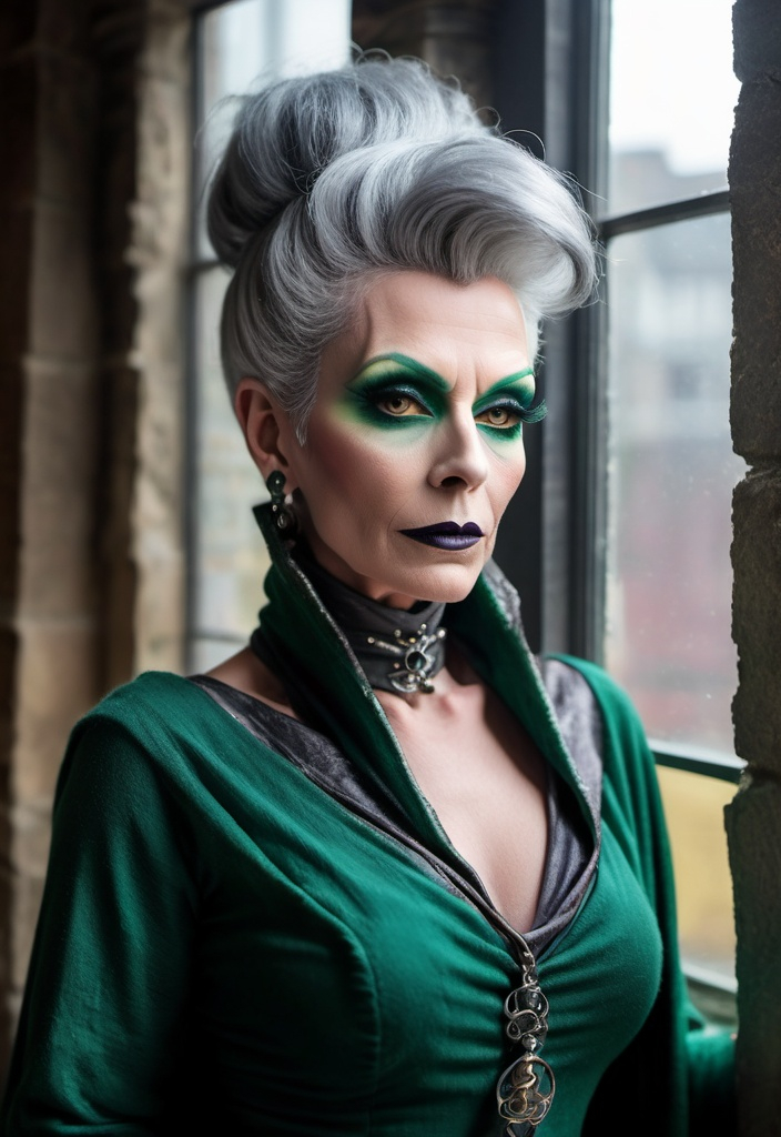 Prompt: Wizened, yet vital, the drag queen sorceress Richeldis the Grim peers from the window of her grey stone tower. She is middle-aged human drag queen, her grey hair swept up in a tidy bun pinned with chalcedony rods. She wears practical garments: a dark green woollen shawl, a sturdy linen chemise, and a worn leather bodice. Dark eye makeup and dark lipstick.