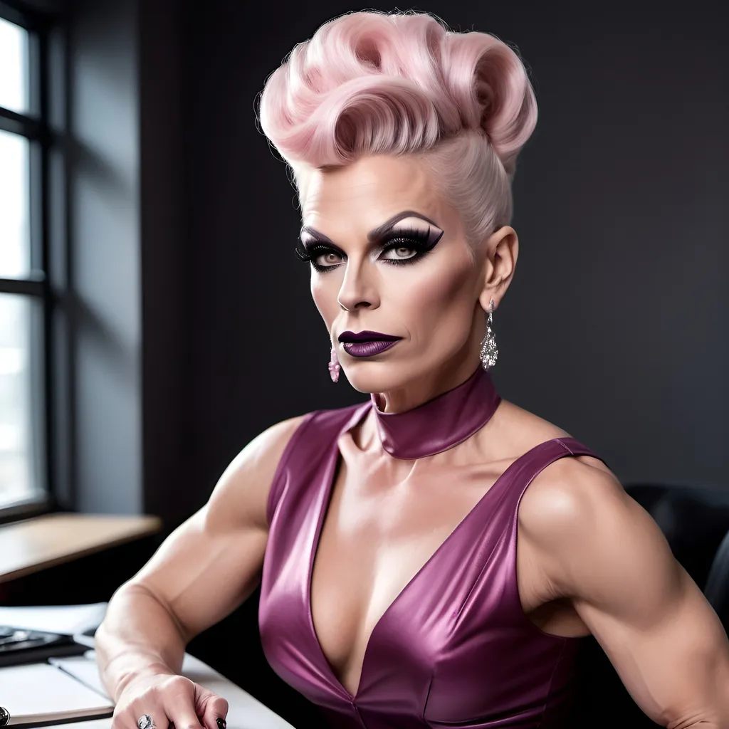 Prompt: Gorgeous muscular 45-year-old Swedish drag queen (prim and proper) science teacher with platinum pink high updo, dark eyeshadow and dark lipstick (((strong masculine jawline and brow))) sitting flirtatiously on her desk.