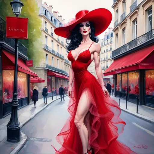 Prompt: A painting of an elegant, high-fashion gorgeous, muscular 35-year-old (caucasian) French drag queen bodybuilder with black hair in (elegant red floppy hat) and a (flowing red layered tulle dress) poses gracefully on a charming Parisian street, (vibrant colors) and (soft, romantic lighting) enhance the enchanting ambiance. The background features iconic Parisian architecture, with (cobblestone pavement) and (blooming flowers) that evoke a (dreamy, idyllic atmosphere). The scene captures the essence of elegance and charm, expressed in (ultra-detailed HD).