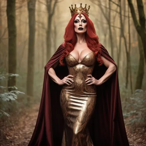 Prompt: a gorgeous muscular 35-year-old British drag queen bodybuilder princess with big busom, dark red matte lipstick, and burnt irange hair wearing a  bronze and gold gown standing in a forest with a crown on her head and a cloak over her head, Dirk Crabeth, gothic art, fantasy style, a storybook illustration