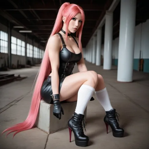 Prompt: Gorgeous ultra-muscular 25-year-old Finnish goddess dressed as Tifa Lockhart (((Final FantasyVII))) with ridiculously long straight shiny pink hair, with 8 inch stiletto high heel shoes 