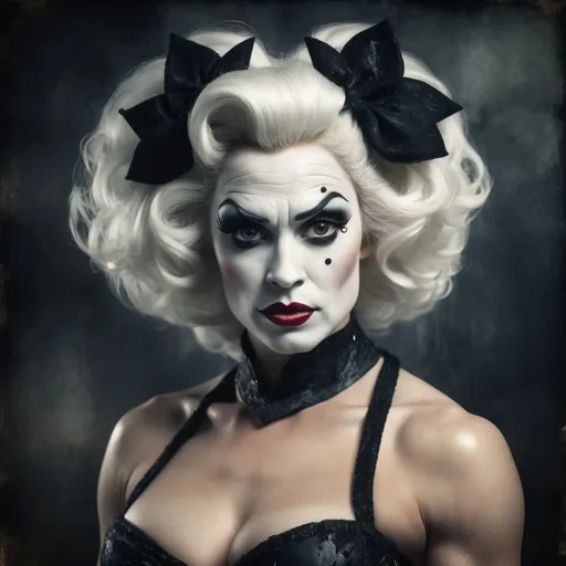 Prompt: Grunge medieval Cruella drag queen bodybuilder (strong drag queen facial features), impasto, old picture effect, whimsical, highres, detailed, medieval, impasto, old picture effect, grunge, Snow White, fairy tale, dark tones, atmospheric lighting
