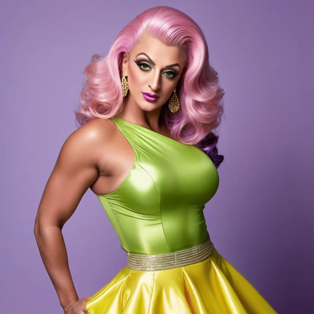 Prompt: Rodney Dangerfield dressed up as a Tall gorgeous ultra-muscular 25-year-old Greek drag queen bodybuilder drag queen, large busom, full-length pose, platinum pink bob, green eyes, round face, elegant lounge, yellow blouse, violet skirt, violet pumps, professional lighting, high-res photo, elegant, professional, detailed, sophisticated, curvy, round face, profile pose, luxurious, feminine, high quality, elegant lounge, yellow blouse, violet skirt, violet pumps, professional lighting