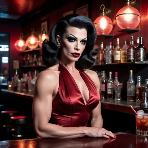 Prompt: Gorgeous muscular 35-year-old femme fatale drag queen (strong masculine jawline and brow) in a dimly lit gritty bar, (1950s noir aesthetics), leaning against the bar, wearing a sleek red cocktail dress, dark eyeshadow, dark lipstick, (holding a lit cigarette), wisps of smoke drifting, dramatic shadows, atmospheric ambiance, (high detail) & (cinematic quality), 8K resolution, hooded incandescent lamp spotlighting her hauntingly beautiful appearance, evokes tension and allure, capturing the essence of classic noir photography.