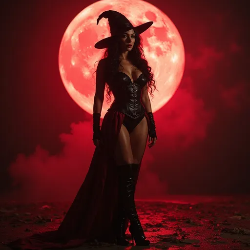 Prompt: a gorgeous muscular 25-year-old Romanian drag queen bodybuilder in a witches costume standing in front of a full moon, promotional art, strong red hue, ign, (dark long curly hair), heavily upvoted, inspired by Greg Staples, bright red, wearing corset, 8 inch stiletto high heel shoes.