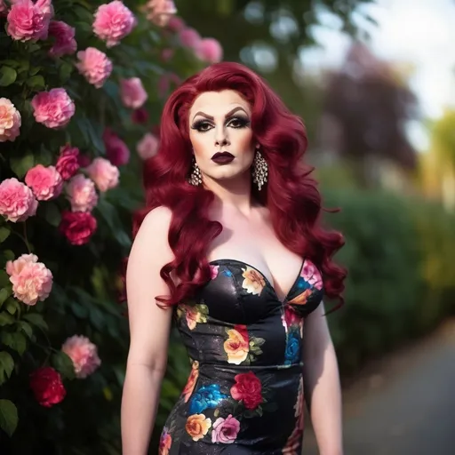 Prompt:  Glamour photography of a handsome man DRESSED UP AS a gorgeous 25-year-old DRAG QUEEN (with long wavy dark red hair, beautiful makeup and dark lipstick) in a casual floral dress and 8 inch stiletto high heel shoes with a big busom busom, bokeh