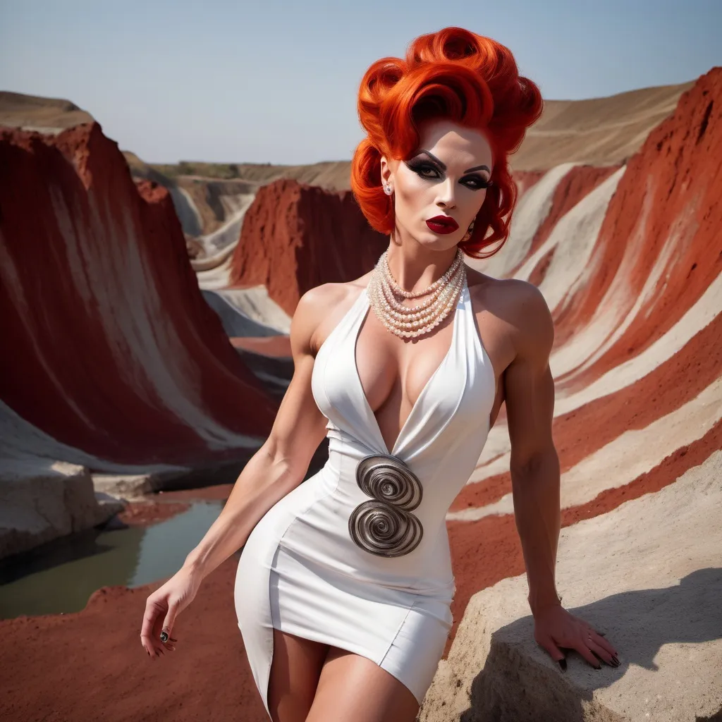 Prompt: Gorgeous ultra-muscular 25-year-old Czechian drag queen bodybuilder with swirly red-orange updo hair, wearing a white loincloth dress with a torn hemline, a pearl necklace, dark red lipstick, and 8 inch stiletto high heel shoes,  posing in a quarry.
