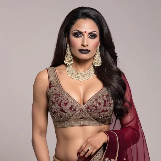 Prompt: Full body hi-res 64k digital photograph of A beautiful muscular 35-year-old Indian drag queen (very strong masculine jawline and brow features) with dark red long hair, wearing an elegant saree, dark eyeshadow and dark lipstick, with a gorgeous look on her face and her lower lips slightly open, exuding passion, ready to bring joy and intimacy to your honeymoon nights as your loving wife. 