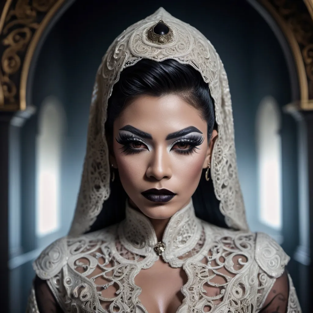 Prompt: hyper-detailed dull photo of a gorgeous muscular masculine 25-year-old Betawi drag queen, with dark eye makeup, dark lipstick, venetian lace jilbab, cropped jacket, foggy old hallway, art pose, medium format, epic character composition, sharp focus, intricate filigree details, cinematic lighting, volumetric fog, award-winning, masterpiece, 64K, professionally color graded