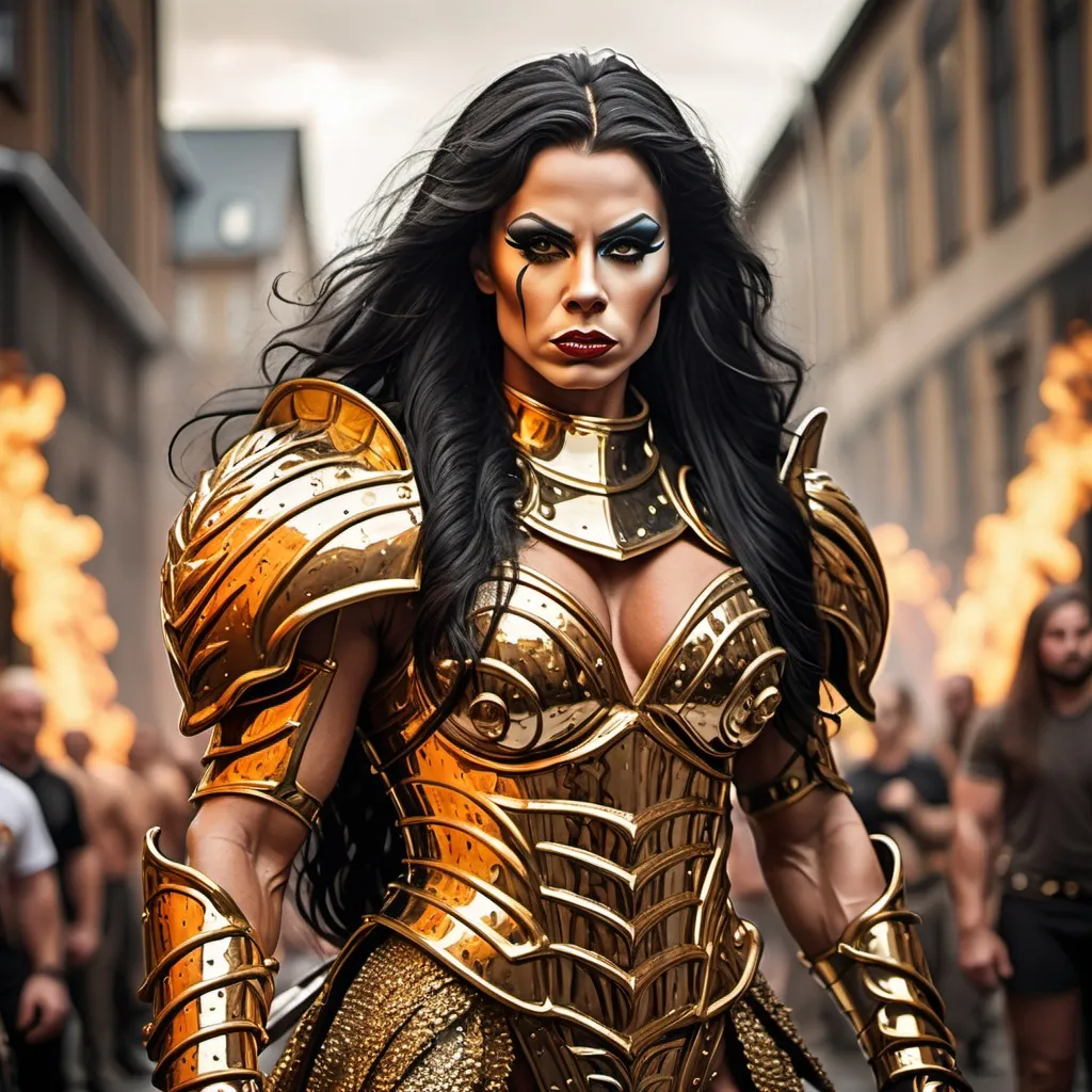 Prompt: Gorgeous muscular 25-year-old Swedish drag queen bodybuilder with ridiculously long wavy black hair, dressed as a warrior princess in complete shimmering golden steel armor and a gleeming golden longsword in the midst of a bloody and fiery battle.