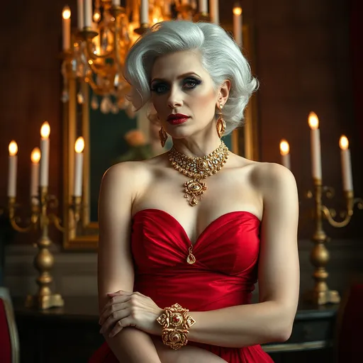 Prompt: a gorgeous ultra-muscular 25-year-old Czechian drag queen goddess in a red dress and gold jewelry, short sassy silver hair dark eye shadow and dark red lipstick, and a chandelier with candles in the background, Annie Leibovitz, romanticism, elegance, a still life