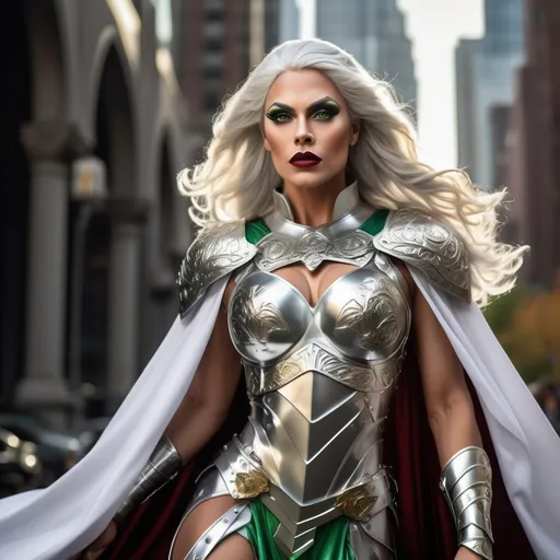 Prompt: a Valkyrie, a powerful, majestic gorgeous drag queen with long, flowing silver hair and piercing green eyes, dark eye makeup, dark red lipstick, muscular physique, perfect body, wearing a suit of armor that shines like gold in the light, perfect body, with intricate engravings of Norse mythology flowing white cape that billows behind her like a cloud. She should be holding a spear in one hand, with a shining silver tip that seems to glow with an otherworldly energy. The background should be a misty, mystical landscape with hills and towering trees, with a faint glow of the Northern Lights,shimmering aura that suggests her connection to the gods and her role as a guide for souls to Valhalla, ultra detailed,14k, sharp focus, cinematic,dslr, glamour shot,