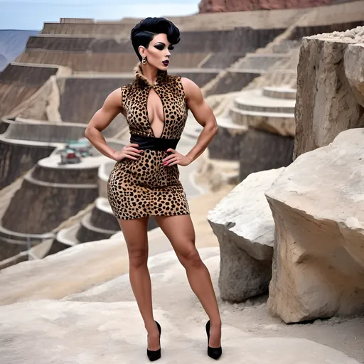 Prompt: Gorgeous hyper-muscular 25-year-old Italian drag queen bodybuiler dressed as Fred Flintstone with short black pixie cut hair, in a short low cut leopard fur dress with long muscular legs, 8 inch stiletto high heel shoes, standing in a quarry. Immaculate makeup. 