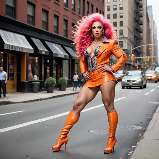 Prompt: Glamour photography of a Gorgeous ultra-muscular 25-year-old Italian drag queen bodybuilder with very long flowing pink hair, in Manhattan, Richard Avedon style, curvaceous, diamond face, muscular physique, neon orange leather jacket, buttoned blouse, miniskirt, 8 inch stiletto high heel fashion boots, dynamic pose, busy streetscape background, high-res, glamorous, urban, fashion photography, vibrant, detailed eyes, dramatic lighting