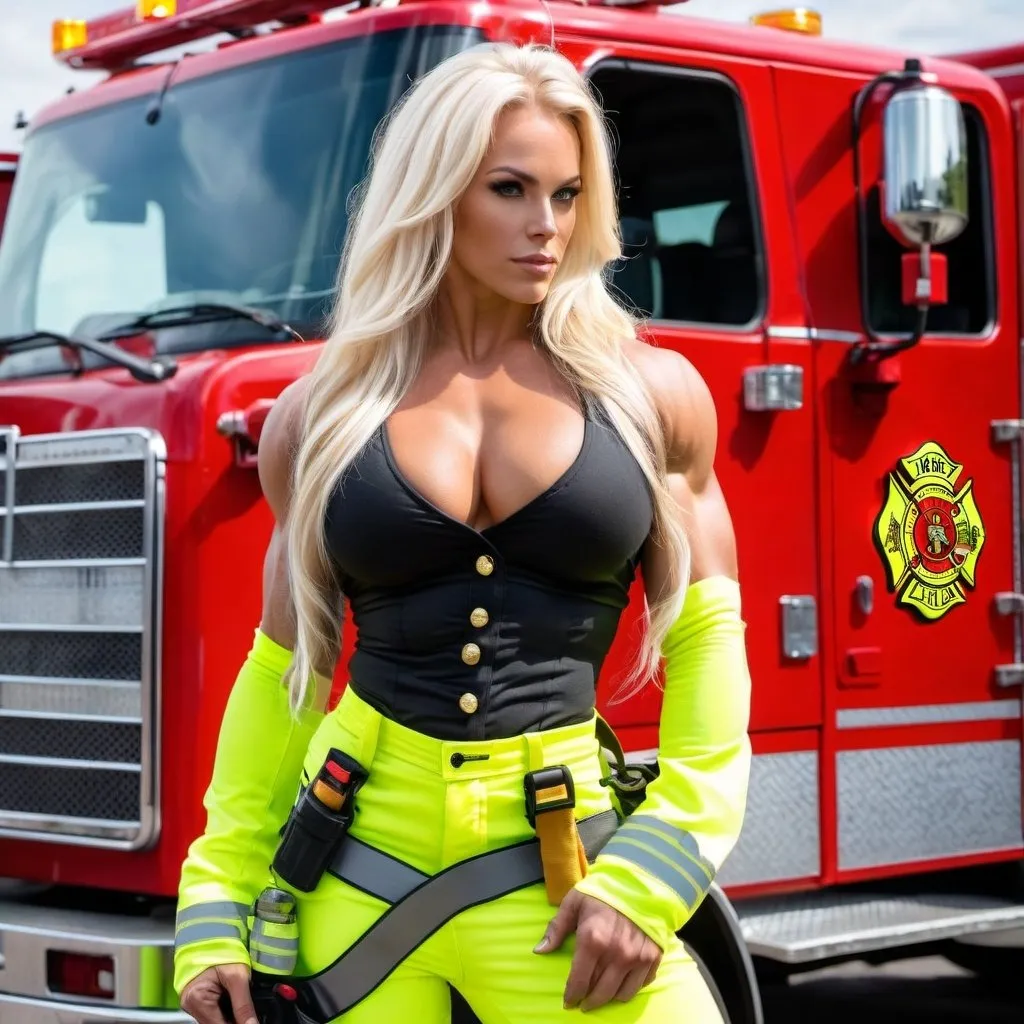 Prompt: Gorgeous ultra-muscular 25-year-old Swedish goddess bodybuilder with huge busom and ridiculously long platinum blonde flowing hair wearing a firefighter uniform, white tank top & suspenders, neon yellow firefighter pants.